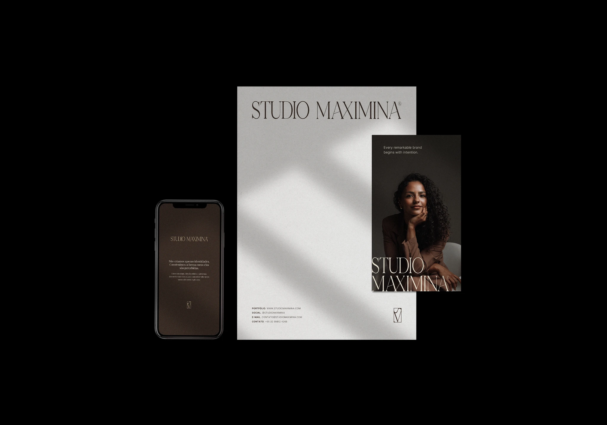 Papelaria, aplicativo e peças da identidade do Studio Maximina